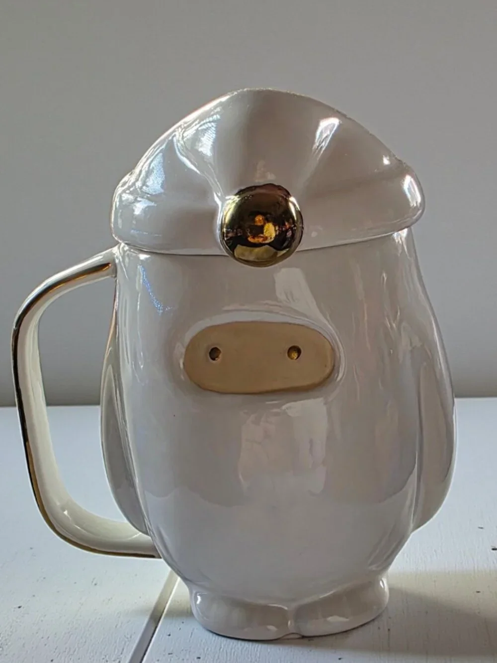 WEST ELM YETI Figural Mug With Lid Ceramic White With Gold Trim